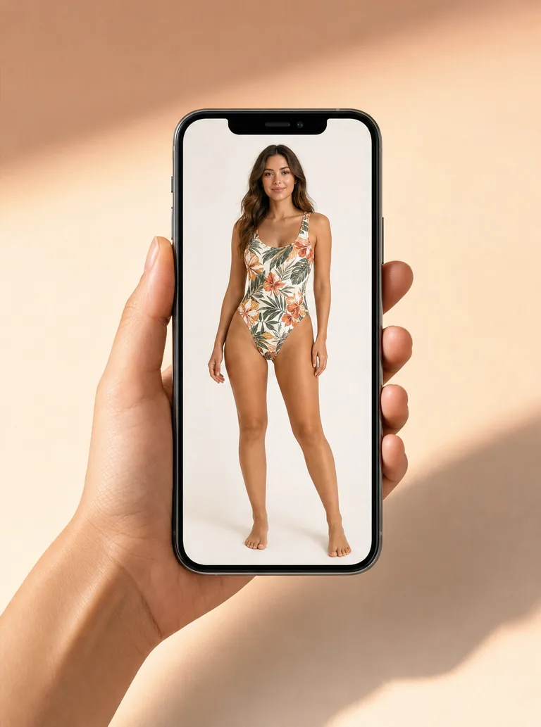 O mesmo celular mostrando a peça provada no corpo, sem sair da loja