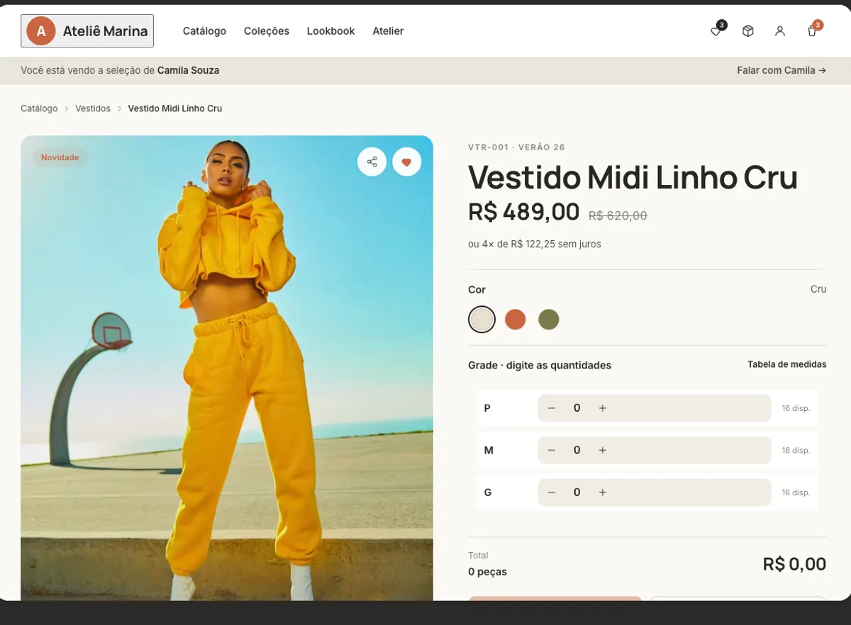 Página de produto com grade de quantidades no Vetrina