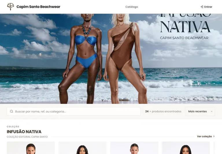 Catálogo Vetrina da Capim Santo Beachwear rodando em produção: hero da coleção, busca e produtos