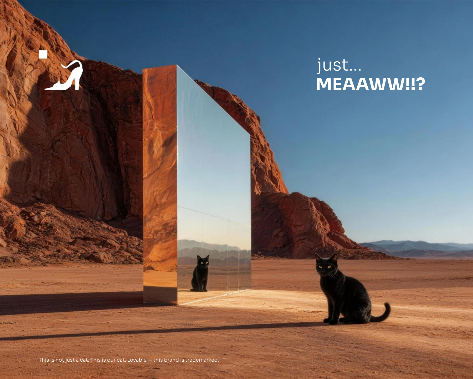 Catwalk — just MEAAWW. Black cat beside a mirror monolith in the desert.