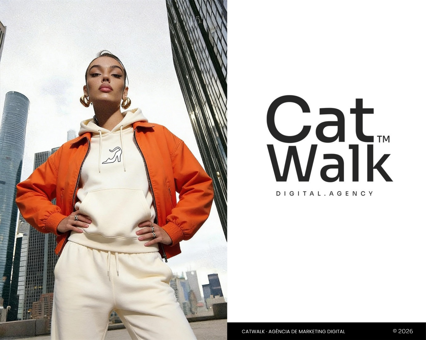 Catwalk — Digital Agency. Fashion model with CatWalk brand lockup.
